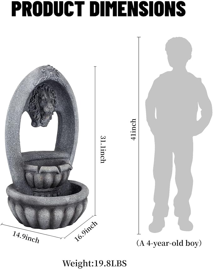31.1" H Lion Head Fountain, Floor-Standing Lion Fountain, Outdoor Water Fountain with LED Light, Water Feature for Garden Patio Backyard Deck Porch and Home Art Decor
