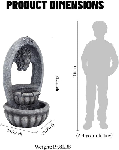 31.1" H Lion Head Fountain, Floor-Standing Lion Fountain, Outdoor Water Fountain with LED Light, Water Feature for Garden Patio Backyard Deck Porch and Home Art Decor