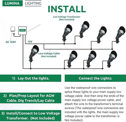 Lumina Lighting® 4W Landscape Lighting 12V Landscape Lights Low Voltage Landscape Spotlights Warm White Waterproof Outdoor Replaceable LED Bulb for Garden, Lawn, Porch, Patio and Yard (Black, 2-Pack)