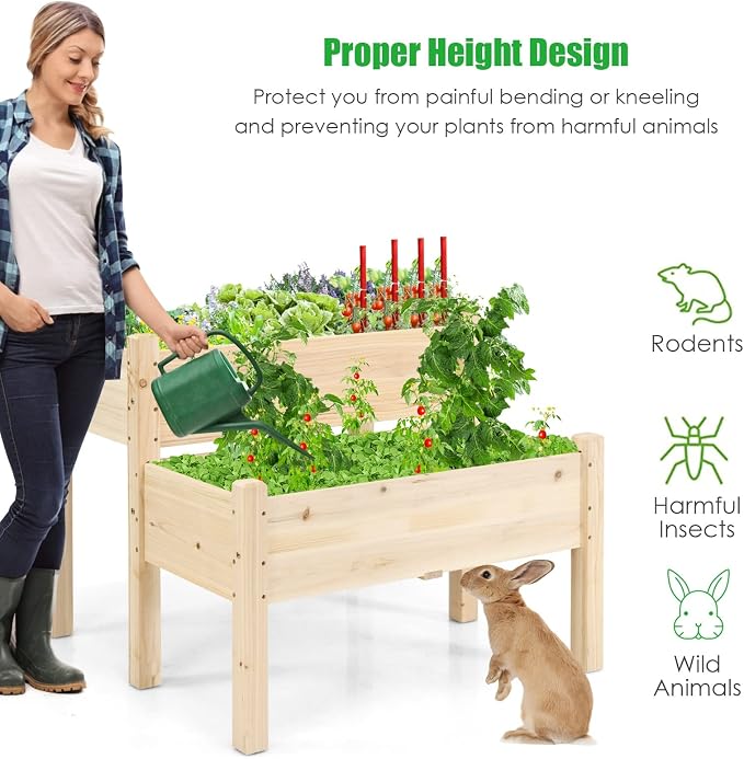 COSTWAY Raised Garden Bed, 2-Tier Wooden Elevated Planter Box Stand with Legs for Vegetables, Flowers Herbs, Outdoor Indoor Garden Bed Kits for Backyard, Patio, Balcony Patio, Natural