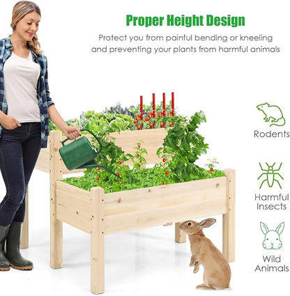 COSTWAY Raised Garden Bed, 2-Tier Wooden Elevated Planter Box Stand with Legs for Vegetables, Flowers Herbs, Outdoor Indoor Garden Bed Kits for Backyard, Patio, Balcony Patio, Natural