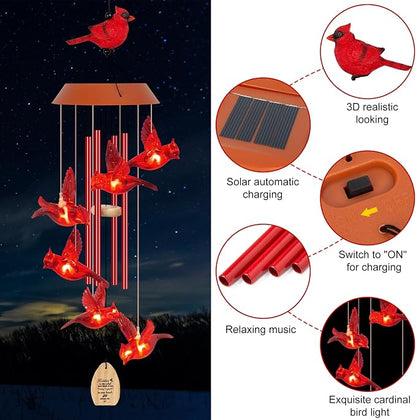 Solar Wind Chimes for Outside, Memorial Cardinal Wind Chimes, 35" LED Windchimes Outdoors Christmas Birthday Cardinal Gifts for Women Mom Grandma Home Garden Decor