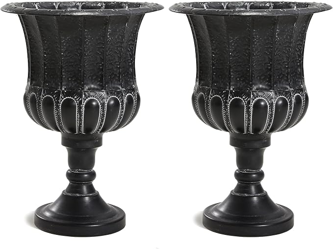 Worth Garden 25" H. Metal Urn Planters 2-Pack - Black Traditional Classic Iron Plant Pots - Large Decorative Rustic Flower Container for Patio, Front Porch, Outdoor Use
