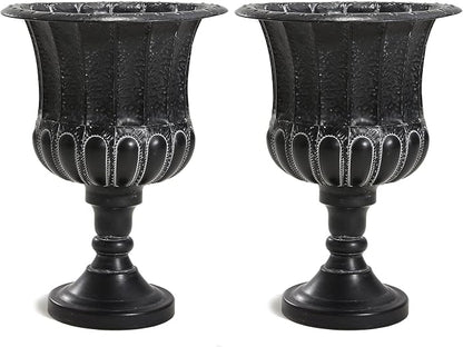 Worth Garden 25" H. Metal Urn Planters 2-Pack - Black Traditional Classic Iron Plant Pots - Large Decorative Rustic Flower Container for Patio, Front Porch, Outdoor Use