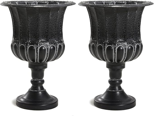 Worth Garden 25" H. Metal Urn Planters 2-Pack - Black Traditional Classic Iron Plant Pots - Large Decorative Rustic Flower Container for Patio, Front Porch, Outdoor Use