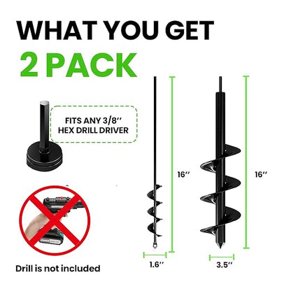 K-Brands Auger Drill Bit for Planting 2 Pack 1.6 x 16 Inch & 3.5 x 16 Inch Set – Garden Spiral Hole and Bulb Planter Tool for Umbrella Holes - Compatible with 3/8 Inch Hex Drive