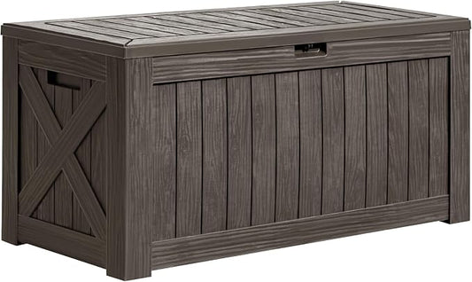 Greesum 120 Gallon Deck Box, Resin Outdoor Storage Container for Patio Furniture, Garden Tools, Pool Accessories, Weatherproof, Lockable, Brown