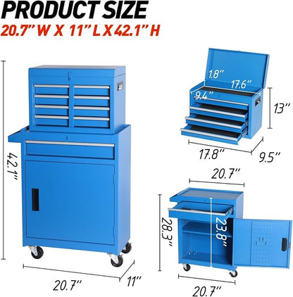 Tool Chest, 5-Drawers Rolling Tool Storage Cabinet with Detachable Top, Adjustable Shelf, Lockable Wheels & Locking Mechanism, Multifunctional Tool Cart for Garage Warehouse, Blue