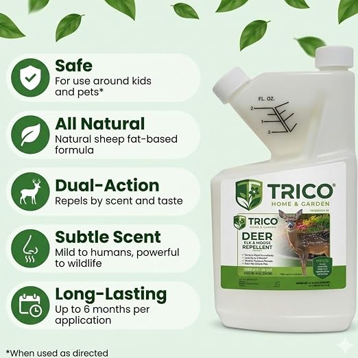 Trico Deer Repellent Concentrate, Natural Sheep Fat Formula, Long-Lasting Scent & Taste Barrier, Rain Resistant Wildlife Protection for Lawns, Gardens, Orchards & Crops, 16 oz | 1 unit/case, B2B delivery, free freight, long-lasting animal deterrent, sc...