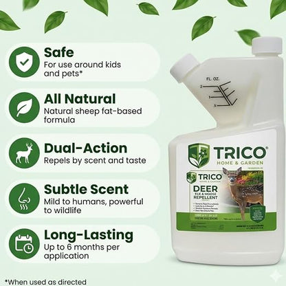 Trico Deer Repellent Concentrate, Natural Sheep Fat Formula, Long-Lasting Scent & Taste Barrier, Rain Resistant Wildlife Protection for Lawns, Gardens, Orchards & Crops, 16 oz | 1 unit/case, B2B delivery, free freight, long-lasting animal deterrent, sc...