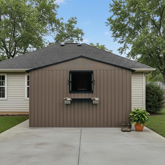 KEIKI 12x10 FT Outdoor Metal Storage Shed with 3 Clear Windows, Walk in Lockable Single Door Heavy Duty Steel Utility Shed Waterproof Rust Resistant Windproof for Backyard Garden Yard, Brown