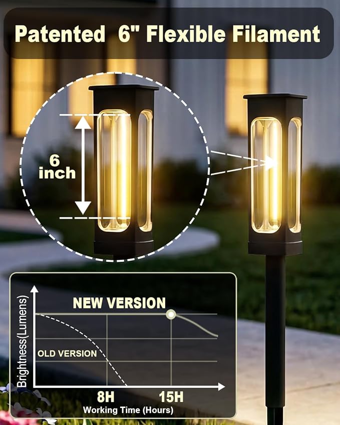 LIANGLOME Solar Pathway Lights Outdoor - IP55 Waterproof Solar Lights with 100+ Flexible Filament LEDs, 3000K Warm White, 10-15H Runtime, Outdoor Solar Lights for Yard Patio Garden