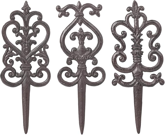 Sungmor Vintage Cast Iron Garden Stakes - 3PCS Ornate Metal Plant Stakes for Yard Art, Patio,Lawn Ornamentation,5.3inch Tall Antique Black Finish,Exquisite Garden Decor