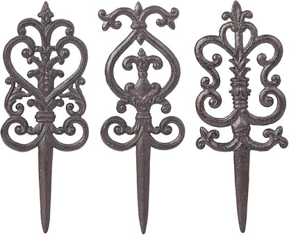 Sungmor Vintage Cast Iron Garden Stakes - 3PCS Ornate Metal Plant Stakes for Yard Art, Patio,Lawn Ornamentation,5.3inch Tall Antique Black Finish,Exquisite Garden Decor