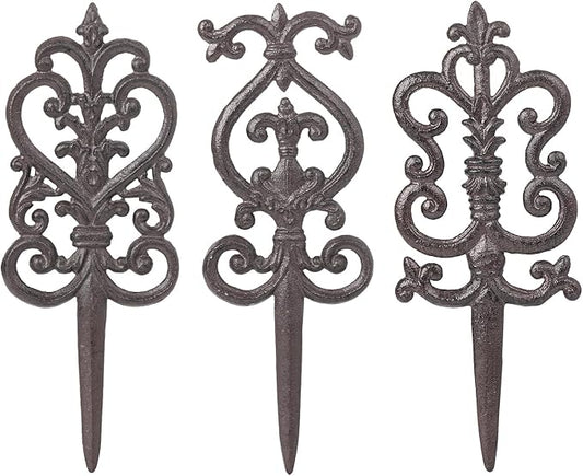 Sungmor Vintage Cast Iron Garden Stakes - 3PCS Ornate Metal Plant Stakes for Yard Art, Patio,Lawn Ornamentation,5.3inch Tall Antique Black Finish,Exquisite Garden Decor