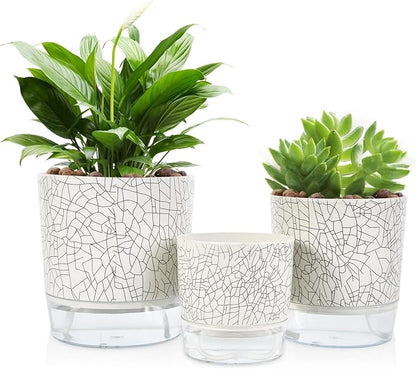 Self Watering Pots for Indoor Plants, 6 & 5 & 4 Inch Stylish Flower Pots, Set of 3 Modern Planters with Self-Watering Feature (Crack Texture)