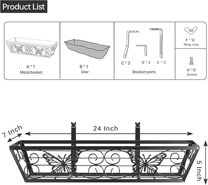 2 Pack 24 Inch Window Boxes Planters Railing Planter Box with Adjustable Brackets for Porch Fence Patio Balcony Hanging Flower Baskets with Woven Fabric for Outdoor Garden Decor - Black