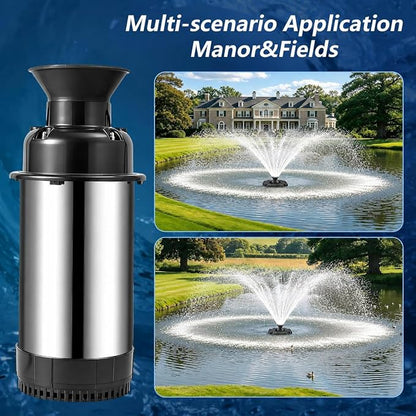 Pond Fountain Aerator, 1HP 110V 750W Floating Pond Fountain, With 100 FT Power Cord，Waterproof Timer，2x100 FT Traction Rope，Floating Water Fountains for Ponds