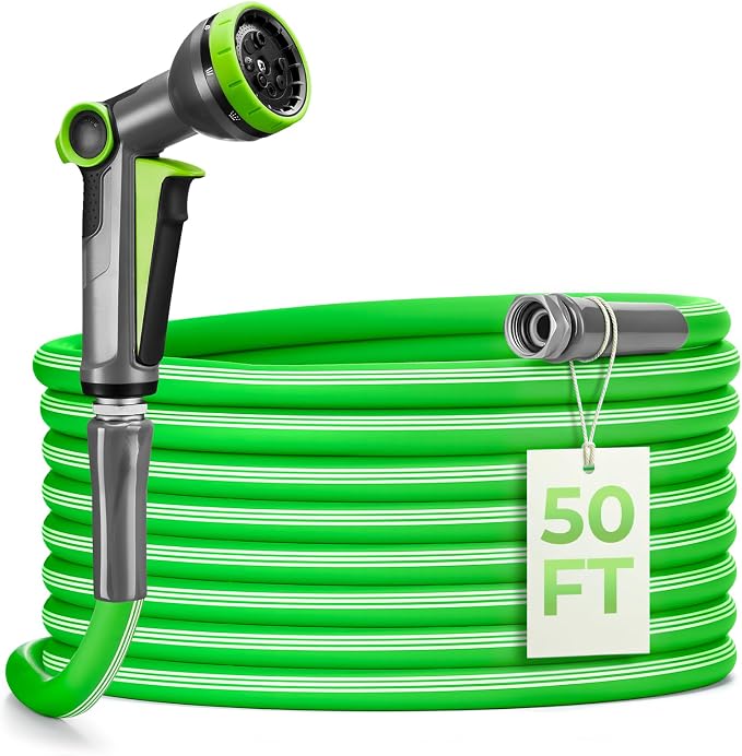 Delxo Garden Hose 50 FT with 8-Pattern Spray Nozzle, 5/8 Inch Hose | Flexible Garden Hose, Food-Grade Rubber Hybrid Water Hose for Outside, Kink-Resistant Outdoor Hose