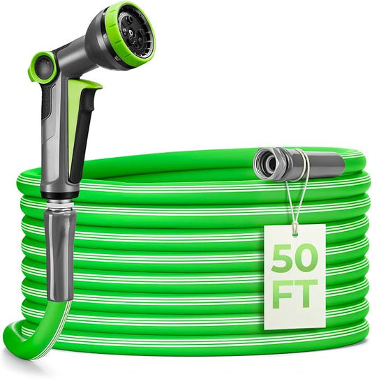 Delxo Garden Hose 50 FT with 8-Pattern Spray Nozzle, 5/8 Inch Hose | Flexible Garden Hose, Food-Grade Rubber Hybrid Water Hose for Outside, Kink-Resistant Outdoor Hose