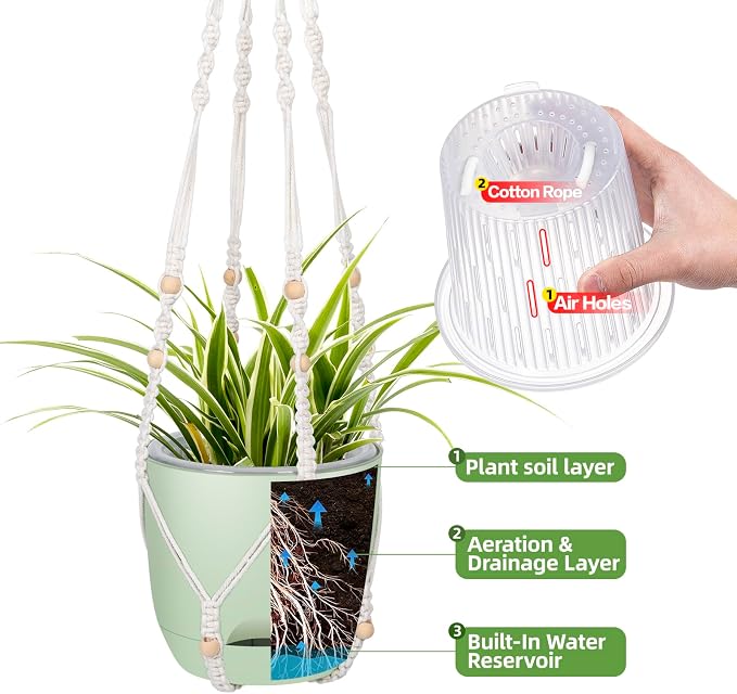 QCQHDU 2-Pack 7.1-Inch Macrame Self-Watering Hanging Planters, Pure Green | Small Plant Pots, Indoor & Outdoor, With Drainage, Two Sets of Hooks
