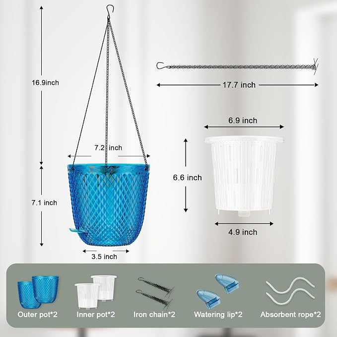 QCQHDU Hanging Planters for Indoor Plants, 2-Pack, 7.2 Inch, Klein Blue | Plastic, Self Watering Plant Hanger, with Drainage Holes, 3 Hooks Chains, For Garden Home