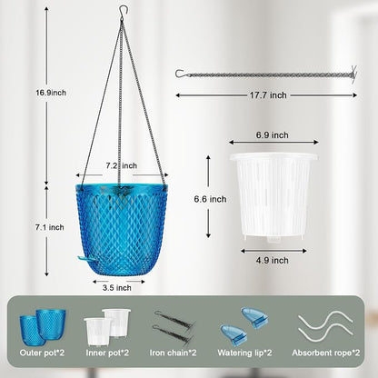 QCQHDU Hanging Planters for Indoor Plants, 2-Pack, 7.2 Inch, Klein Blue | Plastic, Self Watering Plant Hanger, with Drainage Holes, 3 Hooks Chains, For Garden Home