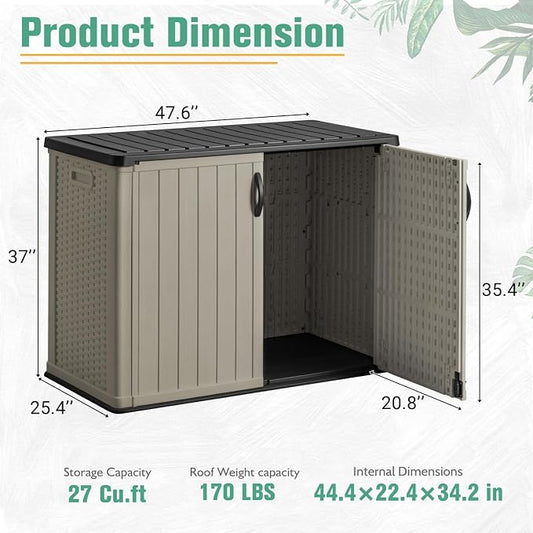 Greesum Outdoor Horizontal Storage Sheds 26 Cu.ft, Resin Large Storaged Box Weather Resistance Without Shelf, Easy to Assemble, Prefect for Garden, Patio, Backyard, Beige