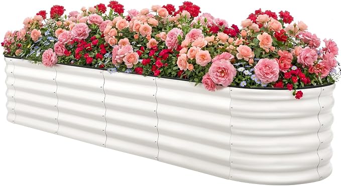 8x2x1.5ft Galvanized Raised Garden Bed Outdoor, 18'' Oval Large Metal Planter Garden Boxes for Gardening, Planting Deep Root Vegetables, Herbs, Fruits, Flower, Rustproof, Rubber Strip, White