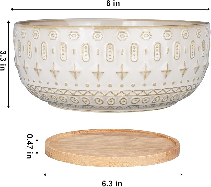 8 Inch Ceramic Succulent Planter Pots with Drainage Hole Flower Pot for Indoor Plants Round Shallow Bonsai Pot with Bamboo Tray White