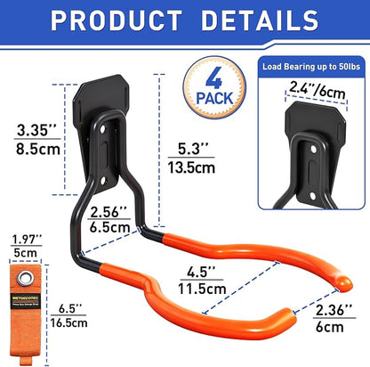 Heavy Duty Garden Power Tool Hanger, Garage Storage Utility Hooks with Storage Straps, Electric Tool Hooks, String Trimmer Hangers, Garden Tool Organizer, Weedeater Rack (4, Orange)