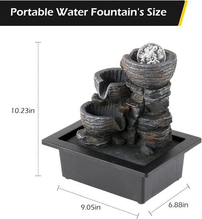 Dyna-Living Water Fountain Indoor Tabletop Waterfall Fountain with LED | Colorful Light Indoor Fountains and Waterfalls with Rolling Ball, Quiet Pump for Relaxation, Zen Home & Office Desk Décor