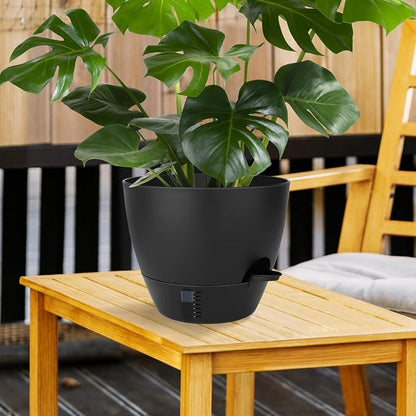 QRRICA 12/10/9 Inch Self-Watering Plant Pots with Water Level Indicator, Drainage Holes & Saucers – Large Plastic Planter Set for Indoor & Outdoor Plants (Pure Black)