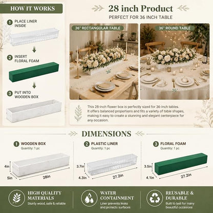 Dandat 1 Set Wood Boxes for Centerpieces 28x5 Inch Rectangle Wooden Planter Box Rustic Wooden Planters with Removable Plastic Liner Floral Foam Blocks for Christmas Wedding Home Garden Decor(White)