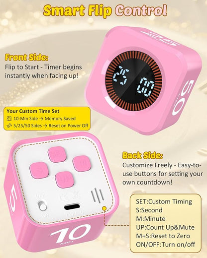 Digital Pomodoro Timer Cube 5/10/25/50min, Visual Productivity Flip Timer for Kids Classroom Desk, Custom Countdown, Silent and Sound Mode for ADHD Study Work Game Kitchen (Pink)