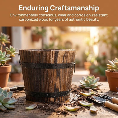 DOITOOL Rustic Wooden Barrel Planter: Wood Whiskey Barrel Bucket Flower Pots Indoor Outdoor Plants Boxes Container for Home Garden Patio Backyard - 7.08 x 5.9 x 5.1 inches (Small)