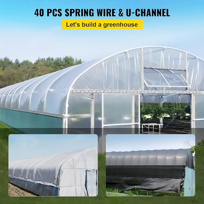 VEVOR Greenhouse Spring Wire and Lock Channel 40 Packs, 6.56 ft PE Coated Aluminum Alloy Bundle Kit, Plastic Poly Film or Shade Cloth Attachment w/Screws, Silver