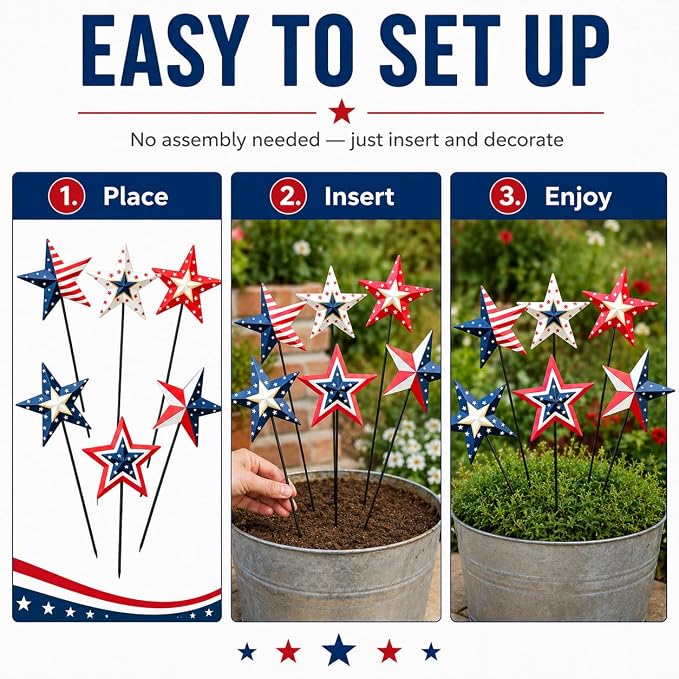4th of July Decorations Outdoor 19" Metal Barn Star 6-Pack, Patriotic Outdoor Decorations, Rustic Iron Decorative Garden Stakes with American Flag Stars for Yard Patio Lawn