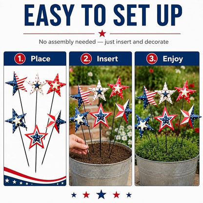 4th of July Decorations Outdoor 19" Metal Barn Star 6-Pack, Patriotic Outdoor Decorations, Rustic Iron Decorative Garden Stakes with American Flag Stars for Yard Patio Lawn