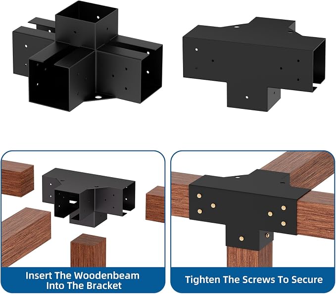 4-Way Pergola Brackets Kit (2-Pack), Heavy Duty 4x4 Corner Brackets for Outdoor Wood Posts, Easy Install for DIY Gazebo Patio Log Cabin & Outdoor Structures