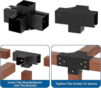 4-Way Pergola Brackets Kit (2-Pack), Heavy Duty 4x4 Corner Brackets for Outdoor Wood Posts, Easy Install for DIY Gazebo Patio Log Cabin & Outdoor Structures