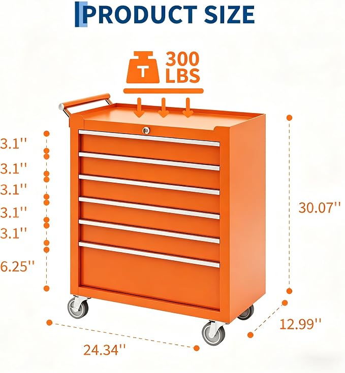 Garvee Rolling Tool Chest, 6 Drawers Tool Storage Cabinet, Toolbox with Wheels, Portable Tool Cabinet Organizer with Locking System & Drawer Liners, Tool Storage Cart for Garage, Workshop, Orange