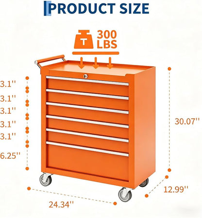 Garvee Rolling Tool Chest, 6 Drawers Tool Storage Cabinet, Toolbox with Wheels, Portable Tool Cabinet Organizer with Locking System & Drawer Liners, Tool Storage Cart for Garage, Workshop, Orange