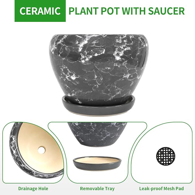 Deep Dream 6 Inch Plant Pots- Ceramic Planter Pot with Drainage Hole and Saucer, Round Flower Pot for Indoor Outdoor Succulent, Snake Plants and Cactus, Gemstone Gray