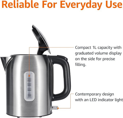 Amazon Basics Electric Kettle, Tea Kettle & Water Boiler with Auto Shut-Off, Boil Dry Protection, Strix Thermostat, BPA-Free, 1500W, 1.1Qt (1L), Stainless Steel, New Model, Black & Silver