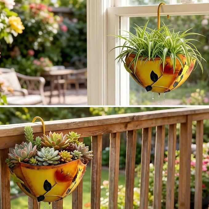 Farmhouse Metal Hanging Planter with Drainage Holes, for Outdoor Herbs Flowers Succulents on Fence Patio Porch Garden Decor