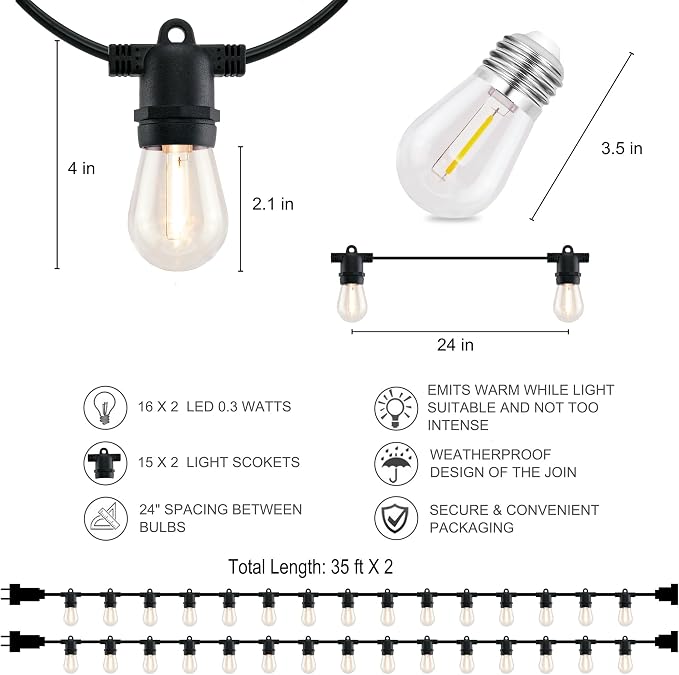 YULETIME 2-Pack 35 ft 15 LED Patio String Lights Plug-in, E26 Base S14 Bulb | 2-Strand 30 Lights, 70' Total Length, Shatterproof Bulbs, Dimmable, Weatherproof Socket, Pre-assembled, Backyard Bistro Light