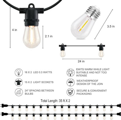 YULETIME 2-Pack 35 ft 15 LED Patio String Lights Plug-in, E26 Base S14 Bulb | 2-Strand 30 Lights, 70' Total Length, Shatterproof Bulbs, Dimmable, Weatherproof Socket, Pre-assembled, Backyard Bistro Light
