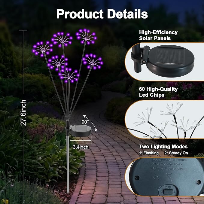 Solar Garden Lights Outdoor, 2 Pack New Upgraded Solar Swaying Starburst Light, Waterproof Fireworks Solar Lights, Yard Patio Pathway Decoration, Purple