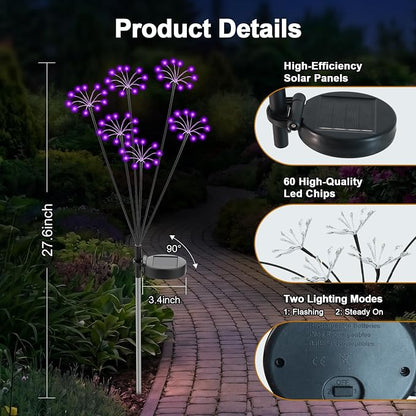 Solar Garden Lights Outdoor, 2 Pack New Upgraded Solar Swaying Starburst Light, Waterproof Fireworks Solar Lights, Yard Patio Pathway Decoration, Purple